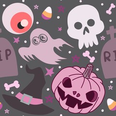 Halloween seamless pattern - creepy pumpkin lanterns with scary faces, traditional holiday halloween symbols ,seamless texture