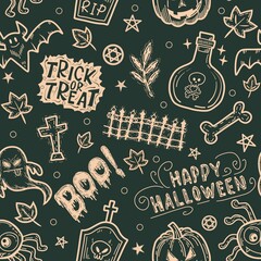 Halloween seamless pattern - creepy pumpkin lanterns with scary faces, traditional holiday halloween symbols ,seamless texture