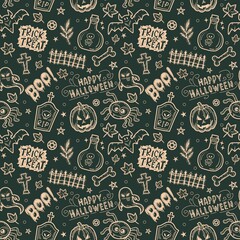 Halloween seamless pattern - creepy pumpkin lanterns with scary faces, traditional holiday halloween symbols ,seamless texture