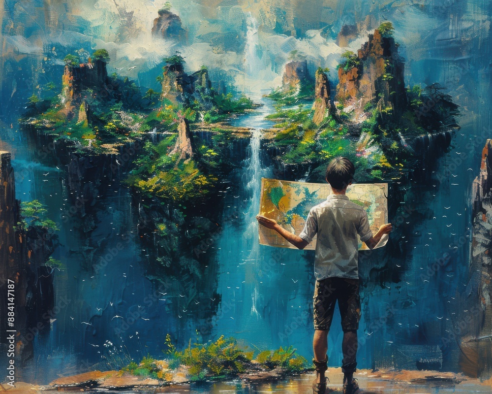 Wall mural create a surrealistic painting of a person holding a map with floating islands, each island represen