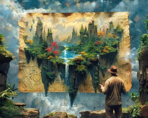 Create a surrealistic painting of a person holding a map with floating islands, each island representing a milestone in their journey towards their goal.