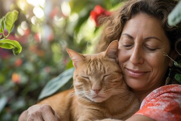 A serene 40-year-old Latina woman sits in her garden with a sleeping ginger cat on her lap, celebrating the serenity of feline friendliness on International Cat Day.
