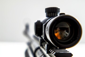 A close up  sniper scope ion white background. The concept of an assassination attempt, shooting school, terrorism, war.