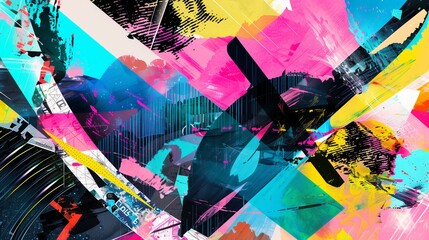 A vibrant art collage featuring high contrast colors and a dynamic, colorful background. The composition showcases a mix of textures and elements, creating a visually striking and energetic piece.
