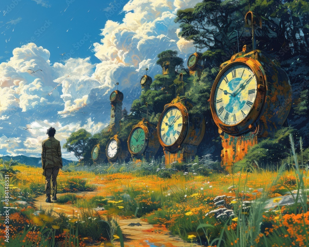 Wall mural create a surrealistic painting of a person standing in a field of giant clocks, each clock represent