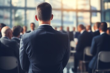 Business leader inspires audience with keynote speech on conference stage   rear view perspective