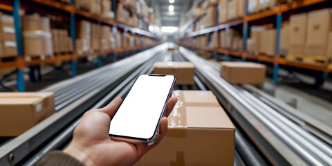 A close-up of a hand holding a smartphone with a blank screen in the middle of a warehouse.