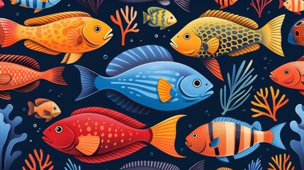 Fototapeta premium Colorful and Diverse Fish Species in a Seamless Pattern Design