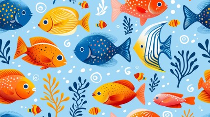 Naklejka premium Playful Fish and Colorful Aquatic Plants in Seamless Pattern