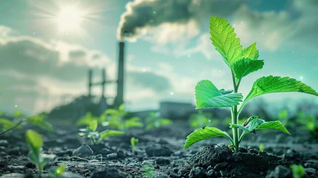 Decarbonization, featuring a vibrant green plant in the foreground with a CO2-emitting industrial chimney in the background, symbolizing the balance between industry and environmental sustainability. 