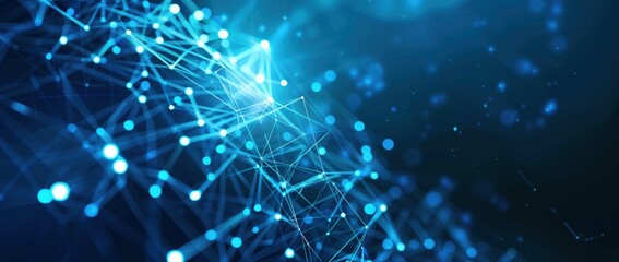 Fototapeta premium Abstract blue background with glowing dots and connection lines, representing a digital technology concept of a big data network for business, science or artificial intelligence research