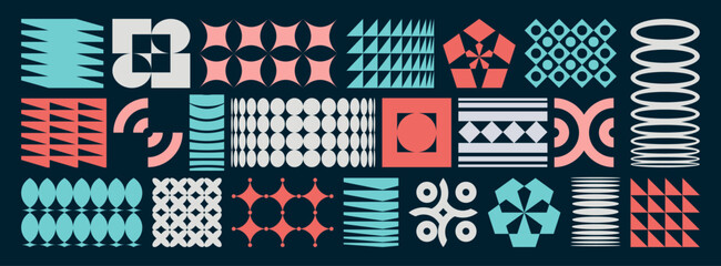 Obraz premium Abstract geometric patterns and shapes set against a dark background, featuring blue, red, and white shades, ideal for textile design, packaging, or flyers.
