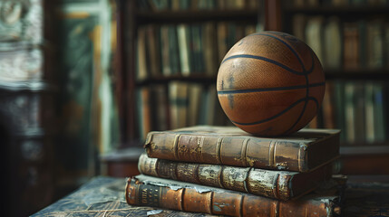A stack of books with a basketball and a football on top