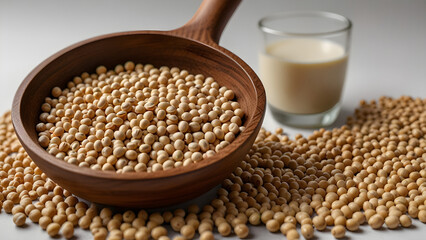 Soy milk in wooden bowl, soybeans around, wooden spoon with soybeans, white background