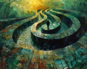 Create a surrealistic painting of a person floating in a bubble, navigating through a maze of narrow, rigid pathways.