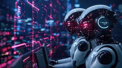 Futuristic robots working in a high-tech environment with neon lights and digital interfaces, showcasing advanced AI and technology.