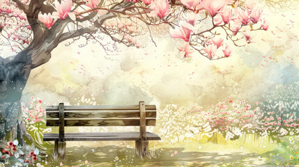 Wooden bench under blossoming magnolia tree.