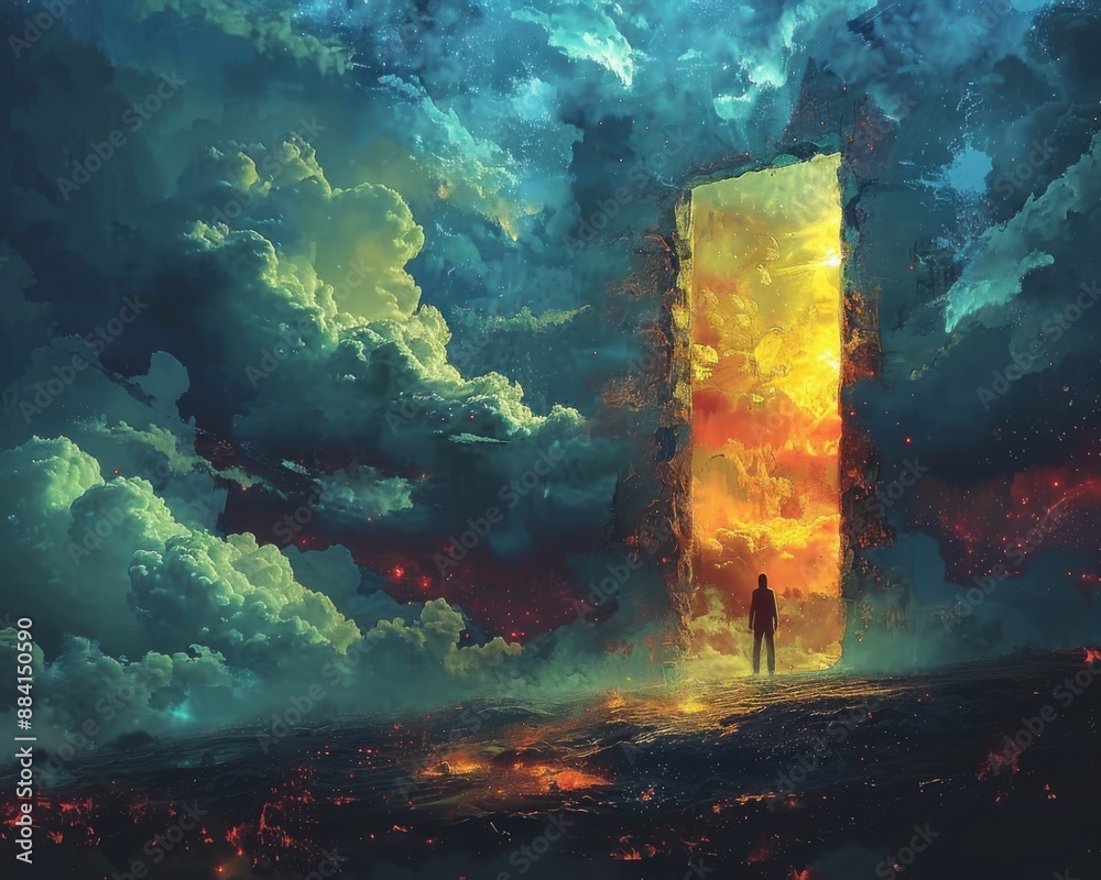 Wall mural create a surrealistic painting of a person using a giant key to unlock a door in the sky, leading to