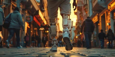 Man with prosthetic legs walking in an urban street, symbolizing resilience and determination.