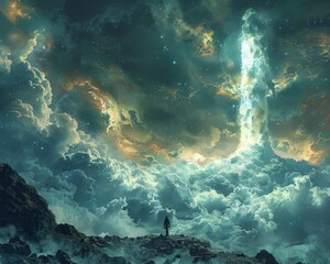 Obraz premium Create a surrealistic painting of a person using a giant key to unlock a door in the sky, leading to a realm of endless ideas.