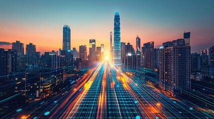 Fototapeta premium Futuristic cityscape at dusk with illuminated skyscrapers, long exposure light trails, and a vibrant urban skyline against a colorful sunset.