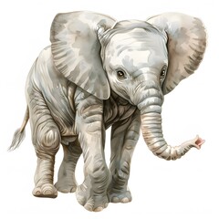 Fototapeta premium A cute baby elephant with big ears and a trunk standing on a white background.