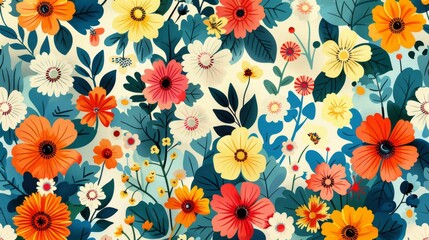 Bright and colorful floral pattern with a variety of flowers and leaves in a repeat pattern.