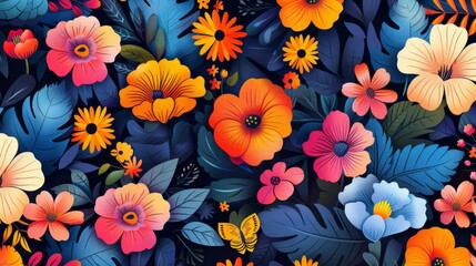 Vibrant and colorful floral pattern with butterflies on a dark blue background