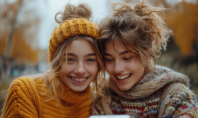 Obraz premium Two Caucasian girls sitting in a park laugh and joke while watching a tablet in the name of lifestyle and technology.