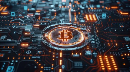 Fototapeta premium Digital concept of Bitcoin cryptocurrency blockchain technology with a futuristic circuit board and glowing elements.