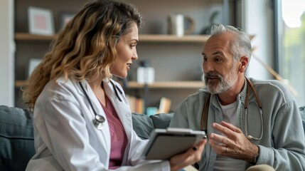 Obraz premium Doctor consulting with elderly patient at home, providing medical advice and support in a comfortable and familiar setting.