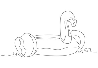 Continuous single one line drawing inflantable rubber flamingo toy summer beach concept. sketch drawing design vector graphic illustration.