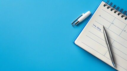 Planner and Pen on Blue Background