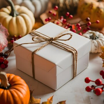 Mockup of an empty box with string among cozy fall decor.
