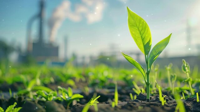 Decarbonization, featuring a vibrant green plant in the foreground with a CO2-emitting industrial chimney in the background, symbolizing the balance between industry and environmental sustainability. 