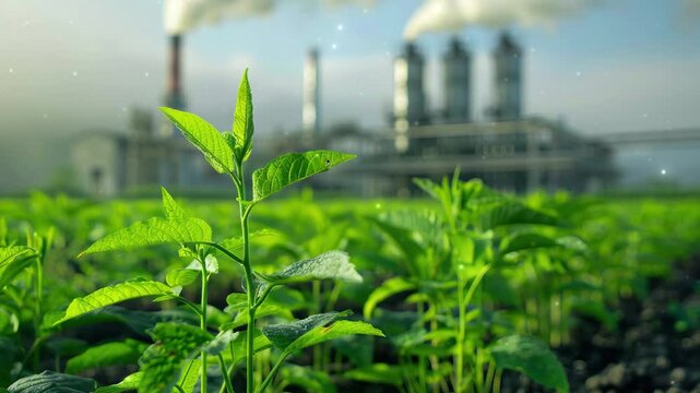 Decarbonization, featuring a vibrant green plant in the foreground with a CO2-emitting industrial chimney in the background, symbolizing the balance between industry and environmental sustainability. 