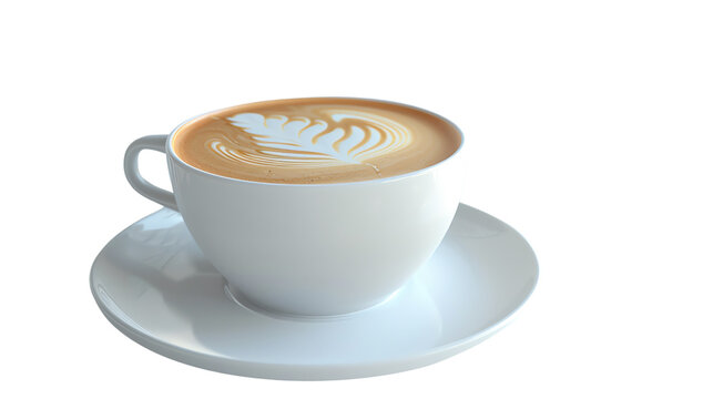 A beautifully crafted cappuccino with latte art served in a white cup and saucer, isolated on a white background.