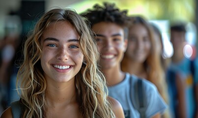 Fototapeta premium Happy teenagers gather on the college campus, laughing and chatting excitedly, enjoying the summer sunshine and the bonds of friendship.