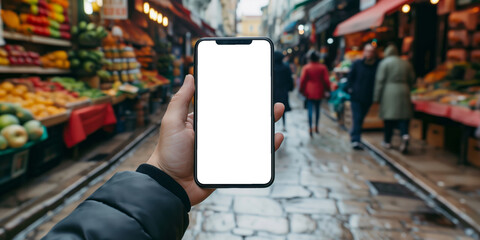 A hand holding a smartphone with a blank screen in focus, against the backdrop of a vibrant outdoor market.