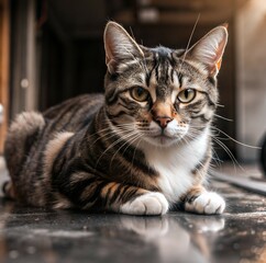 Fototapeta premium Tabby Cat Relaxing on a Marble Surface. Generative AI