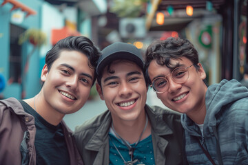 colombian three young men smiling and posing outside on a street, in the style of pop colorism, grey academia, cinematic photography, cinematic tones, cinematic color grading --ar 3:2 --style raw