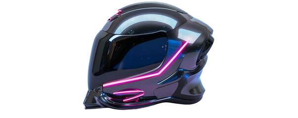 Futuristic black helmet with neon pink and blue lights, futuristic design, cutting-edge technology, sleek and modern headgear.