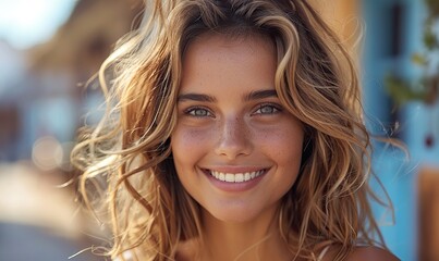 Fototapeta premium A beautiful teenage woman smiling at the camera in the city