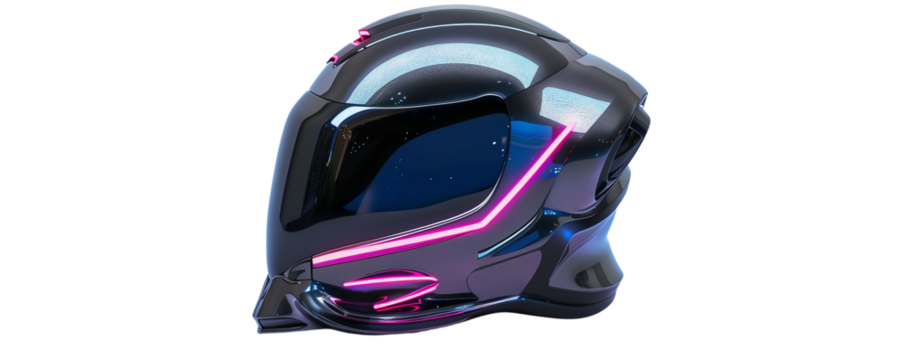 Futuristic black helmet with neon pink and blue lights, futuristic design, cutting-edge technology, sleek and modern headgear.
