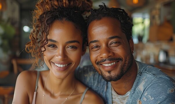 A beautiful, happy romantic couple in love, having breakfast together in the kitchen at morning; laughing, spending time together in a loving video.