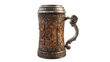 Ornate antique beer stein with intricate metal detailing, vintage beverage container, isolated on white. Perfect for decoration or collection.