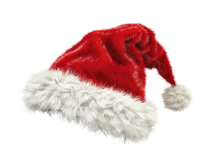 Red Santa hat with white fur trim isolated on white background, symbol of Christmas and festive holiday season.