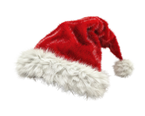 Red Santa hat with white fur trim isolated on white background, symbol of Christmas and festive holiday season.
