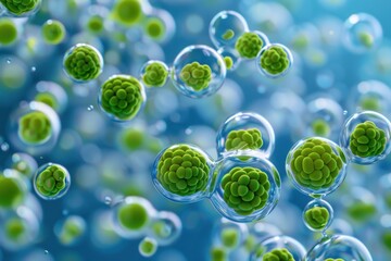 3D illustration of cell division and growth in a blue liquid environment, showcasing cellular structures and scientific detail.
