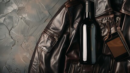 Leather Jacket, Wine Bottle, and Smartphone